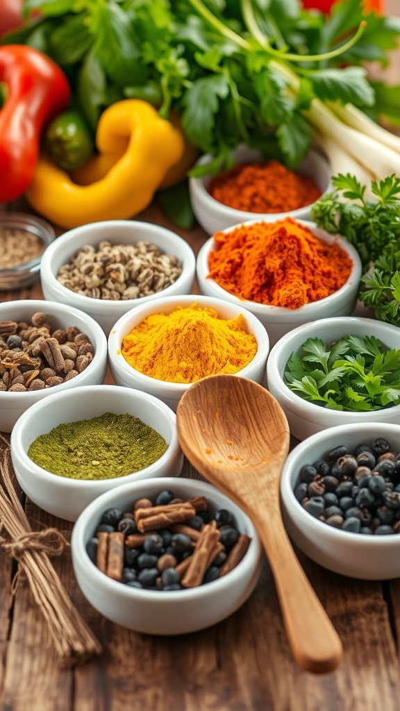 An array of spices and herbs in bowls on a wooden table, showcasing paprika, turmeric, parsley, and peppercorns.